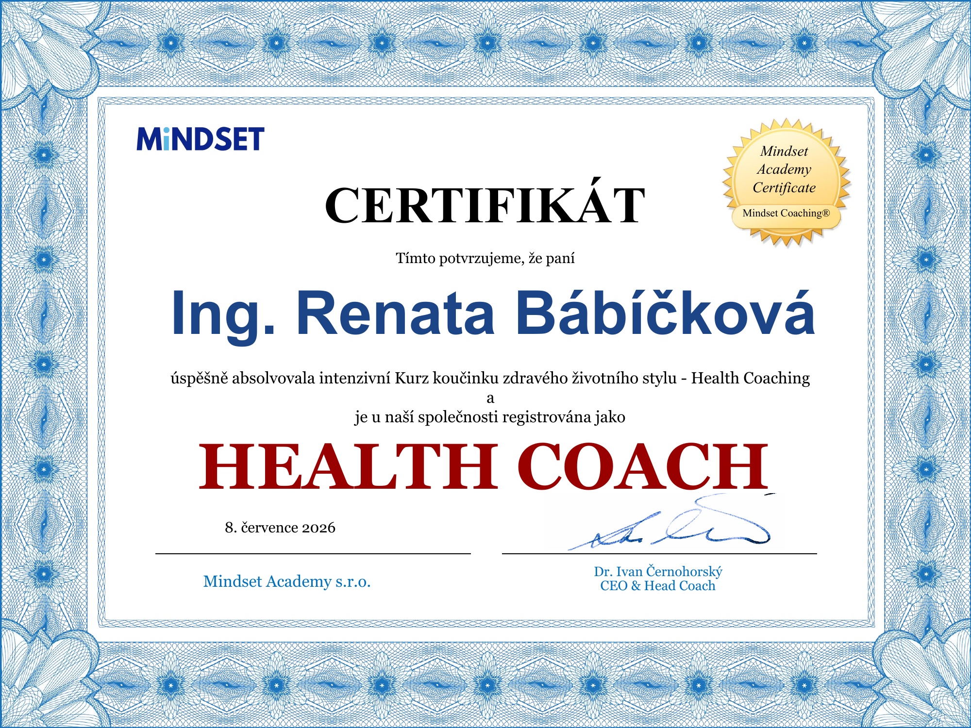 Certifikát Health Coach – Ing. Renata Bábíčková
